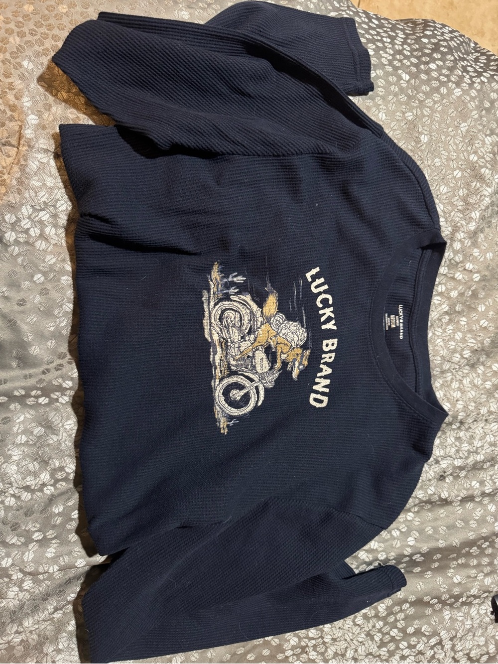 Lucky Brand Navy Crewneck Sweater with Motorcycle Graphic